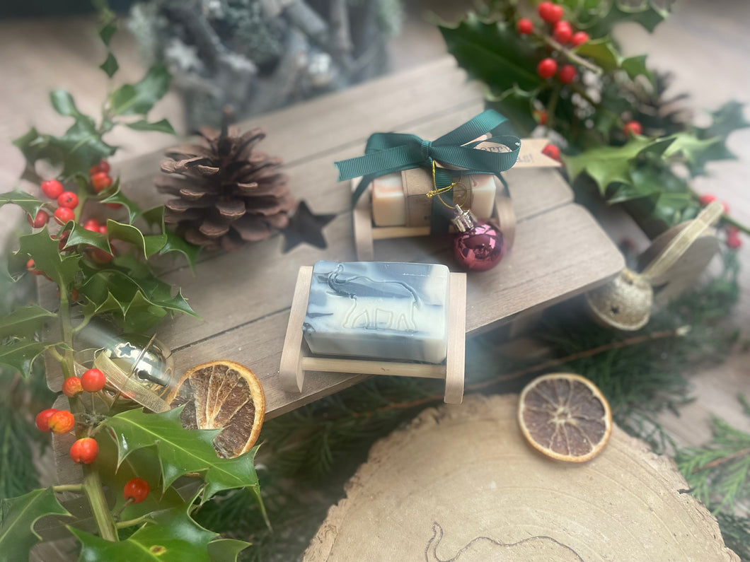 Beautiful handcrafted natural mini soap bar and soap ladder, wrapped with ribbon, bauble and Christmas tag.