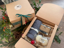 Christmas gift box with natural handmade soap and soap ladder, a duo of aromatherapy shower steamers and  luxurious bamboo flannel.
