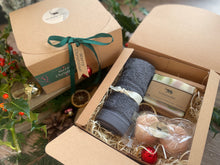 Christmas gift box with natural handmade soap and soap ladder, a duo of aromatherapy shower steamers and  luxurious bamboo flannel.