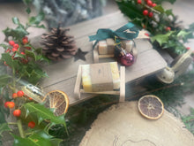 Beautiful handcrafted natural mini soap bar and soap ladder, wrapped with ribbon, bauble and Christmas tag.