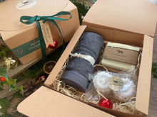 Christmas gift box with natural handmade soap and soap ladder, a duo of aromatherapy shower steamers and  luxurious bamboo flannel.