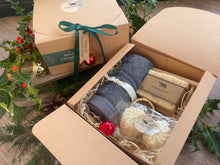 Christmas gift box with natural handmade soap and soap ladder, a duo of aromatherapy shower steamers and  luxurious bamboo flannel.