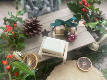 Beautiful handcrafted natural mini soap bar and soap ladder, wrapped with ribbon, bauble and Christmas tag.