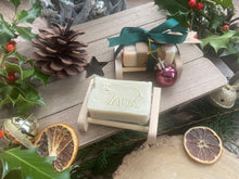 Beautiful handcrafted natural mini soap bar and soap ladder, wrapped with ribbon, bauble and Christmas tag.
