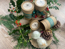 2 natural bath bombs in a kraft tube with Christmas ribbon ,tag and bauble.